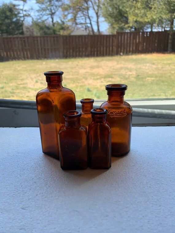 LOT OF 5 Antique Amber Cork Top Bottles Different Sizes Circa 1930s | Etsy (US)