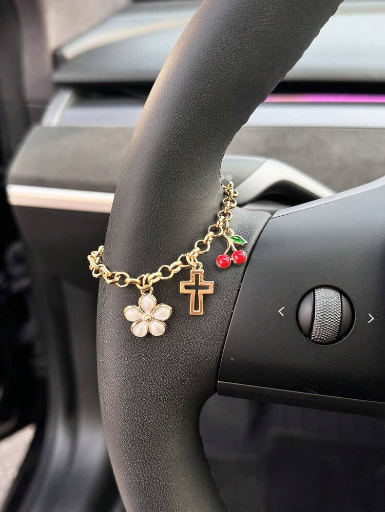 1pc Sweet Cherry Alloy Flower Cross Car Steering Wheel Decorative Chain Female Interior Decoratio... | SHEIN
