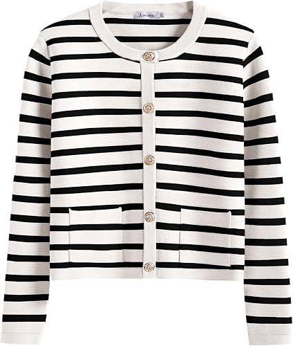 ANRABESS Women’s Button Down Cropped Cardigan Sweaters | Striped&Solid，Pockets，Lady's Fall ... | Amazon (US)
