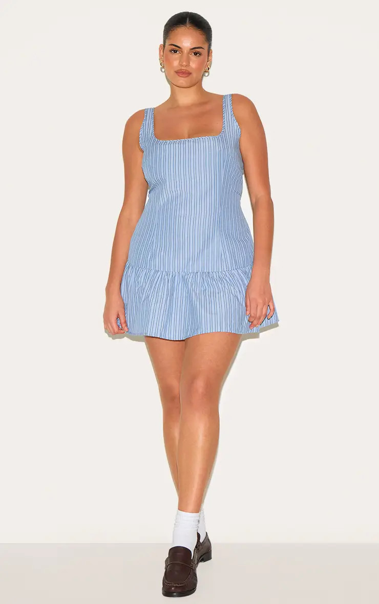 Plus Blue Striped Sleeveless Scoop Neck Shift Dress | PrettyLittleThing US