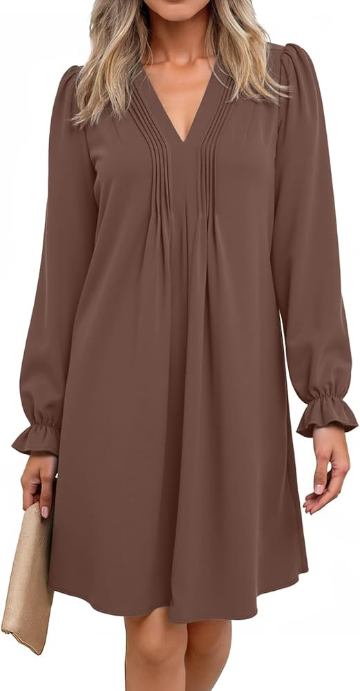 Dokotoo Womens Casual Dress A-Line Ruffle Sleeve V Neck Midi Dress 2025 Fashion Pleated Flowy Sun... | Amazon (US)