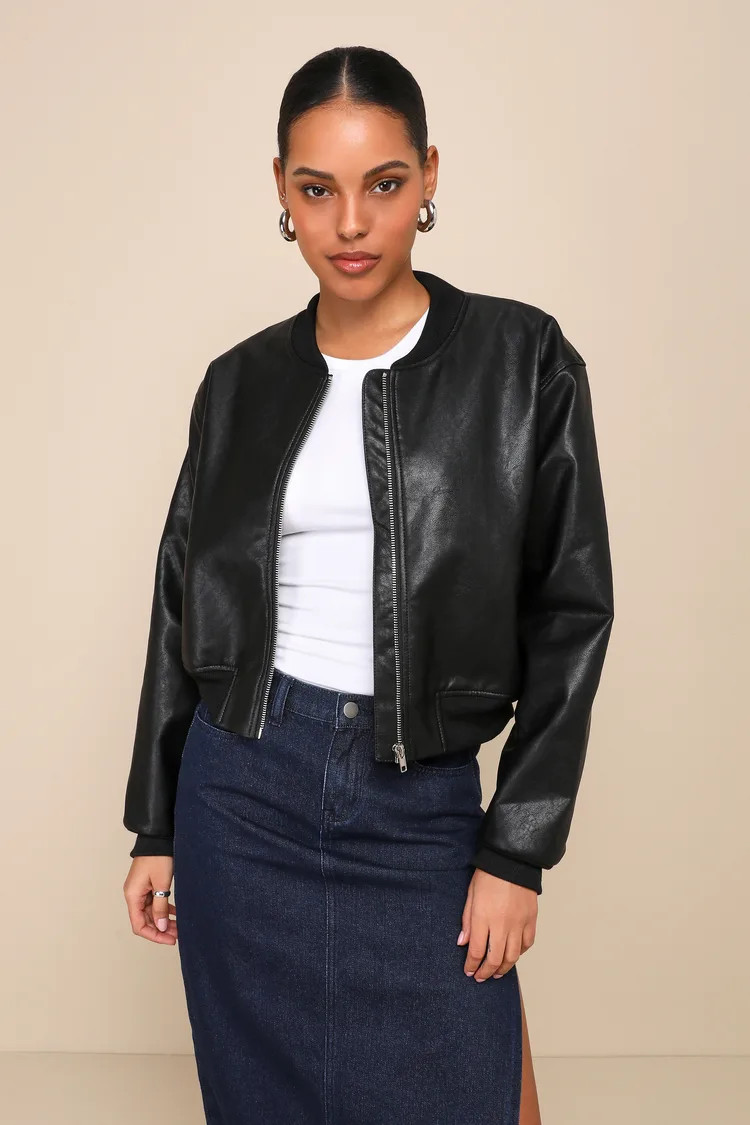 Edgy Inclination Black Vegan Leather Bomber Jacket | Lulus