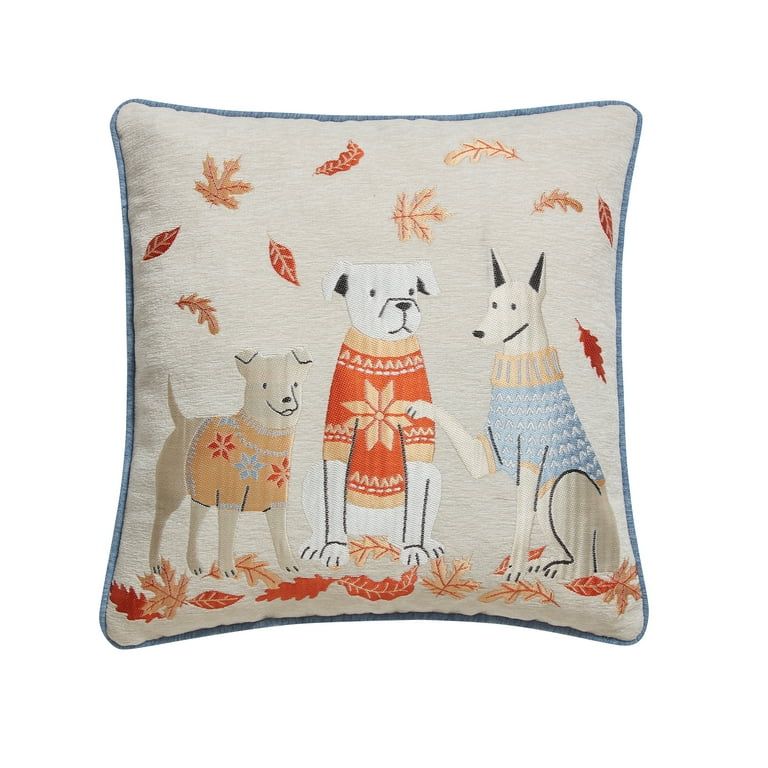 Way to Celebrate 18" x 18" Multicolor Dogs and Leaves Chenille Decorative Pillow | Walmart (US)