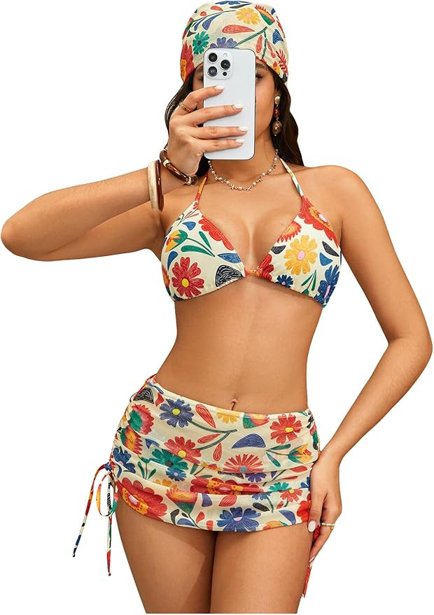 COZYEASE Women's 4 Piece Swimsuits Sexy Bikini Sets Triangle Bathing Suit with Mesh Cover Up Beac... | Amazon (US)