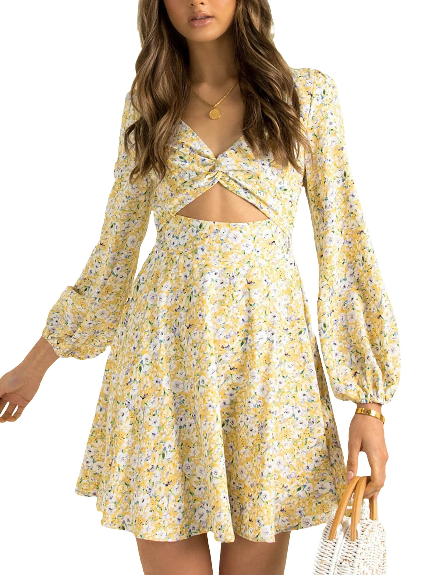 Seyurigaoka Women Floral Print Mini Dress, V-neck Hollow Out High Waist Knot Dress - Walmart.com | Walmart (US)