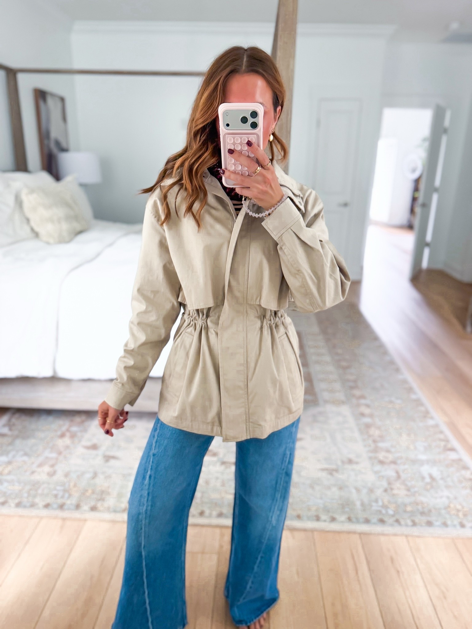 Expensive stuff that’s unfortunately 1000% worth it! Aritzia Cinch Jacket - City Twill in marcona beige, size 2XS. Water-resistant and warm up to 32 degrees! Easy to layer underneath! Fall outfits. Fall style. Elevated casual outfit. Fall jackets. Travel outfit. Size 24 petite in jeans. 

#LTKootd #LTKgrwm #LTKTravel