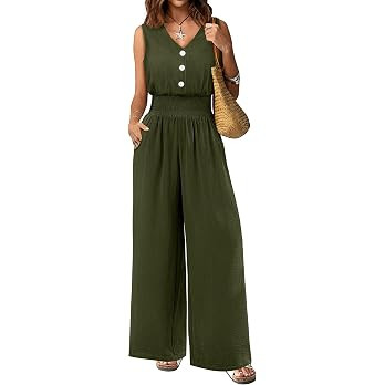 Women Jumpsuit Dressy Summer Rompers Casual Wide Leg Pants Sleeveless V Neck 2026 Elegant One Pie... | Amazon (US)