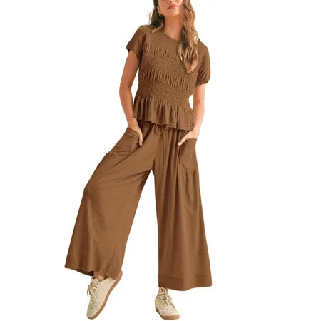 PUWEI Women's 2 Piece Smocked Top & High Waisted Wide Leg Pants Set Boho Matching Set Lounge Outfit with Pockets | Walmart (US)