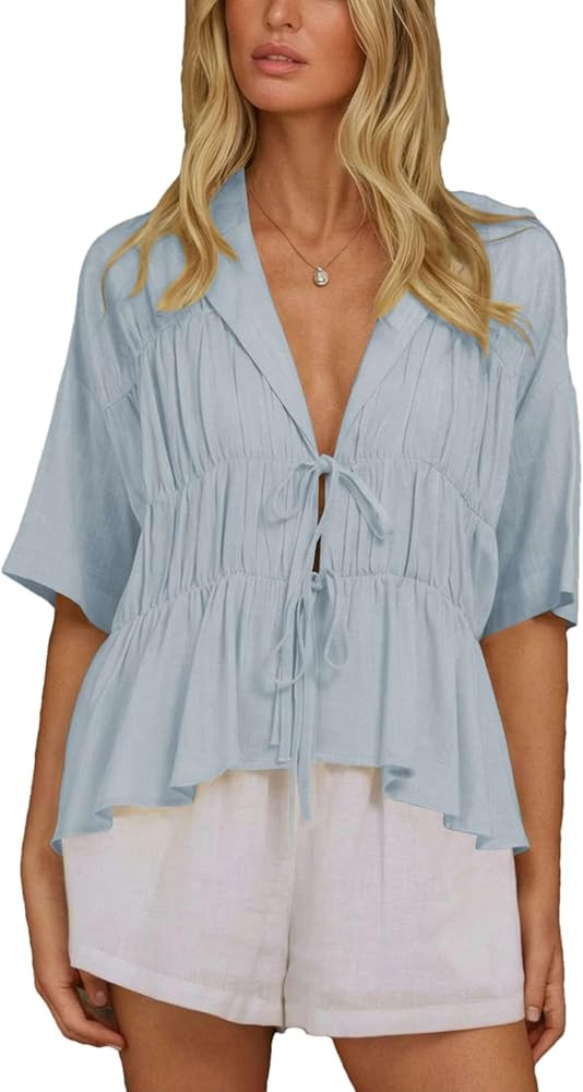 Mingzhu Women's Linen Plus Size Bow Tie Front Peplum Blouse Short Sleeve Deep V Neck Pleated Baby... | Amazon (US)