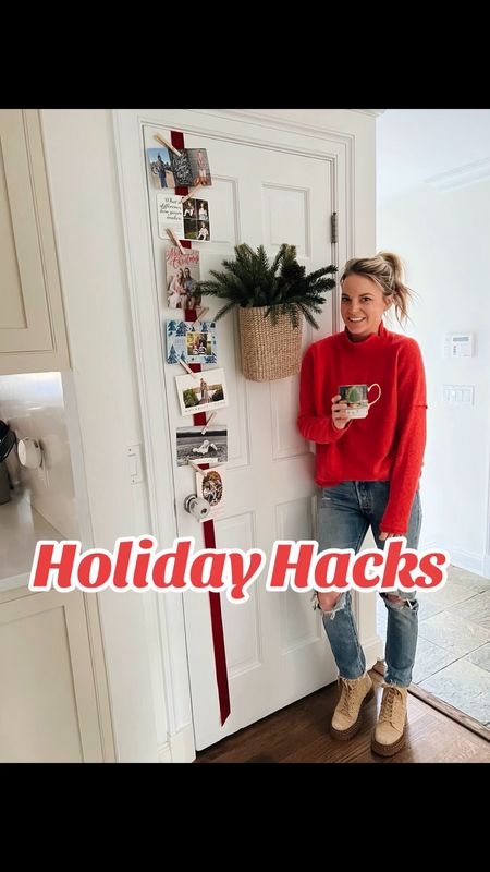 5 holiday hacks
1. Christmas card holder - secured long red ribbon to door with a command strip on back of door and clothes pins to attach cards
2. Ornament storage - 64 spaces
3. Tree funnel to water 🎄found at ace hardware for under $10
4. Elf cutter - quickly cut gift wrap
5. Wrap buddy - secures gift wrap to table & doubles as tape dispenser

Outfit details
Sweater (small) // jeans old Levi // size down half in boots

#LTKVideo #LTKHoliday #LTKhome