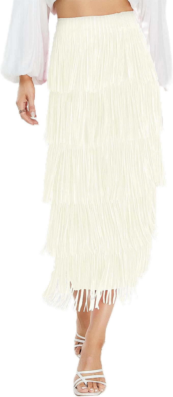 Women's Fringe Trim High Waist Short Pencil Bodycon Skirts, Sexy Elegant Fringe Long Maxi Skirt S... | Amazon (US)