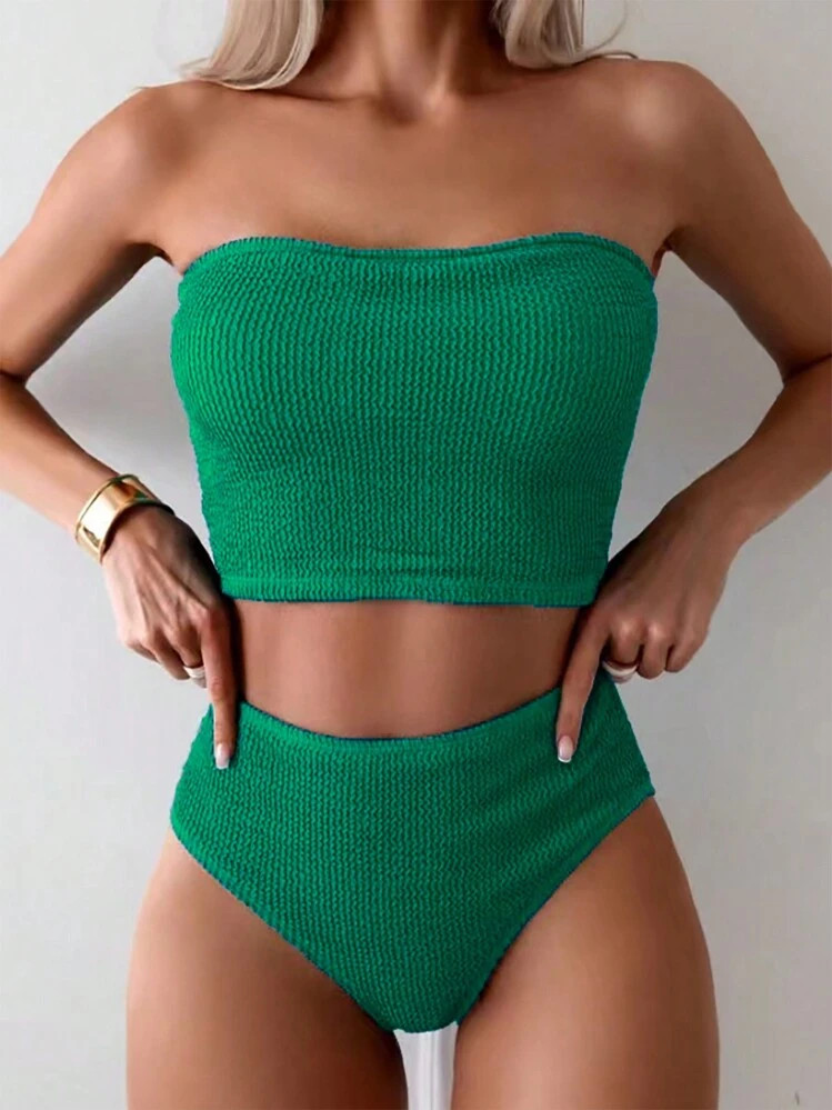 Swim Chiccia Summer Beach Solid Color Strapless Casual Tankini Set | SHEIN