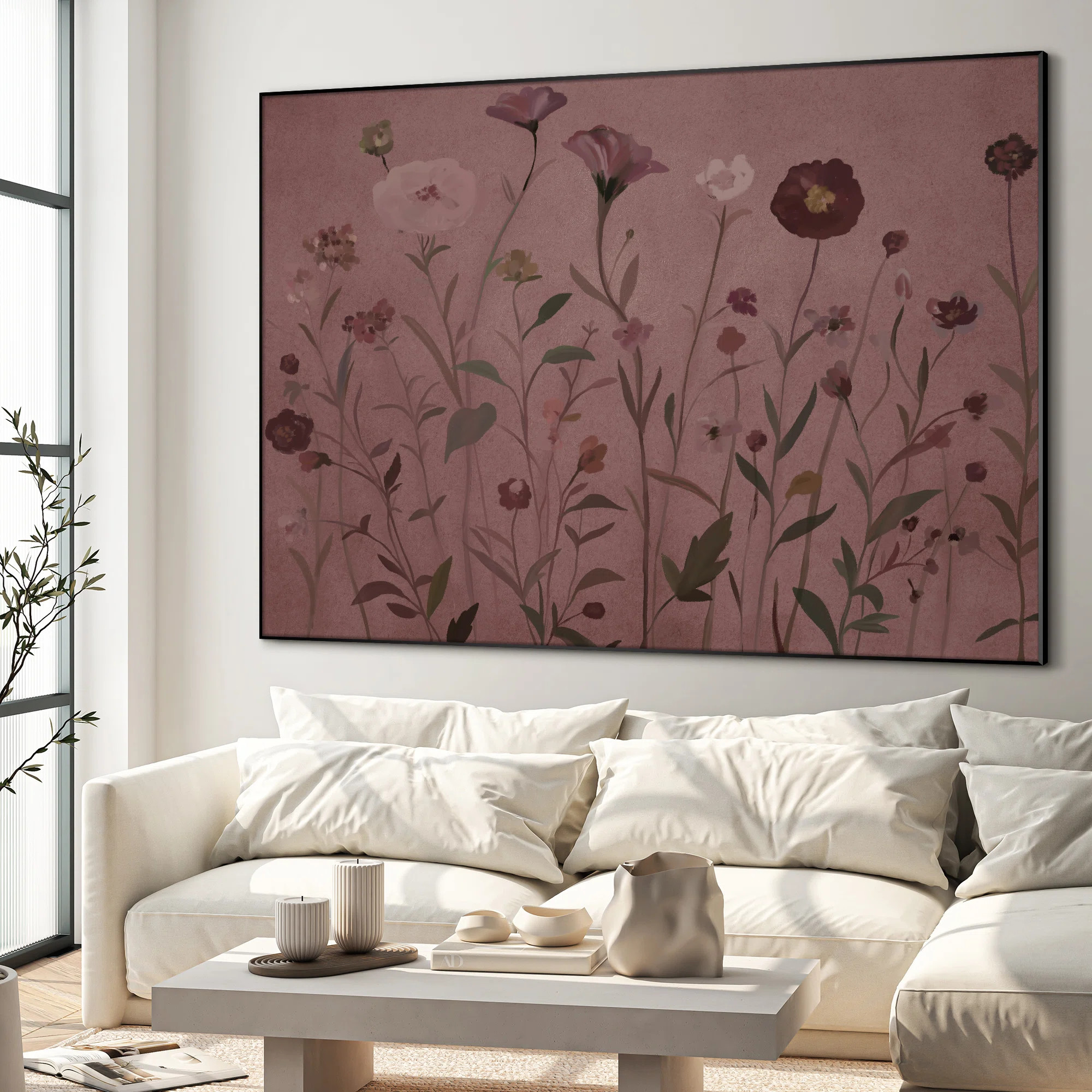 Extra Large Mauve Floral Field Wall Art Print - Romantic Vintage-Inspired Botanical Decor for Bedroom or Hallway, Frame Assembly Required (Frame Assem | Wayfair North America
