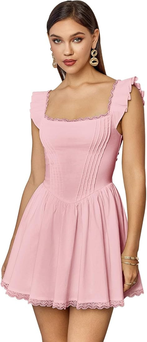 GLNEGE Women's Square Neck Mini Corset Dress Short Ruffle Sleeve A Line Cute Trendy Party Dresses | Amazon (US)