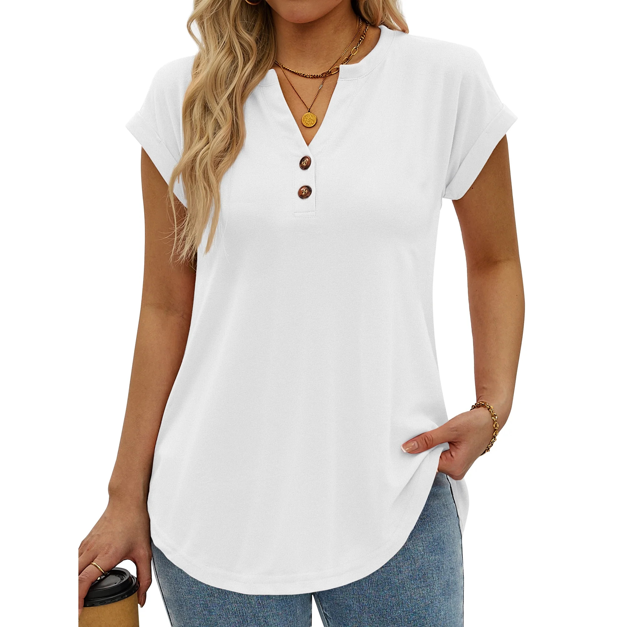 MOSHU Henley T-Shirts for Women Short Sleeve V Neck Tops Summer Trendy Tee Shirts Fashion Clothes | Walmart (US)