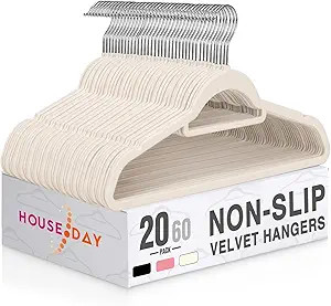 HOUSE DAY Velvet Hangers with Tie Bar 20 Pack Ivory, Clothes Hangers Non-Slip, Space Saving Felt ... | Amazon (US)