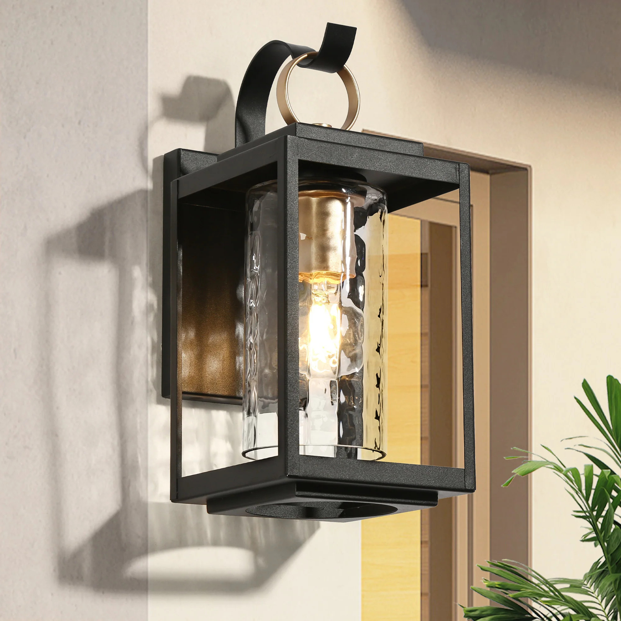 Modern Black Gold 1-Light Outdoor Wall Sconce Porch Patio Lantern Lamp - L5.9"*W7.5"*H13.2" | Overstock