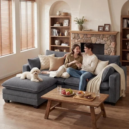 Noelse 75'' Love Seat with Movable Ottoman for Small Space Soft Corduroy Couch Sofa with 2 Pillows 2 Seater Modular Sectional Sofa for Living Room Bedroom and Apartment, Gray | Walmart (US)