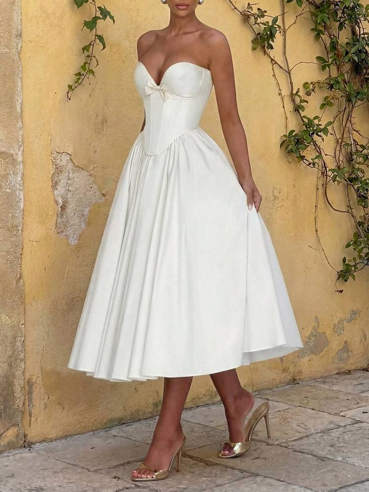 Glamful Elegant V-Neck Bow Tie Decor Strapless Backless Fitted Princess Style Elegant Dresses For Women | SHEIN