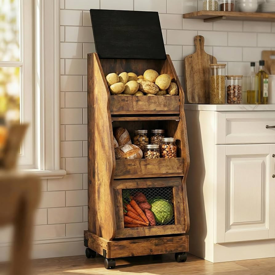 ARTETHYS Potato Storage Bin Movable Bread Box with Lid Rustic and Wheels Onion Organizer with Gro... | Amazon (US)