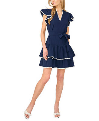Women's Split V-Neck Short-Sleeve Tiered Mini Dress | Macy's