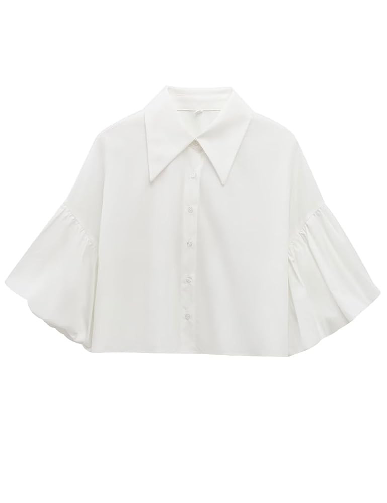 Bozanly Womens Cute Lantern Sleeve Crop Tops Polo Collar Button Down Loose Tees Shirts Blouse | Amazon (US)