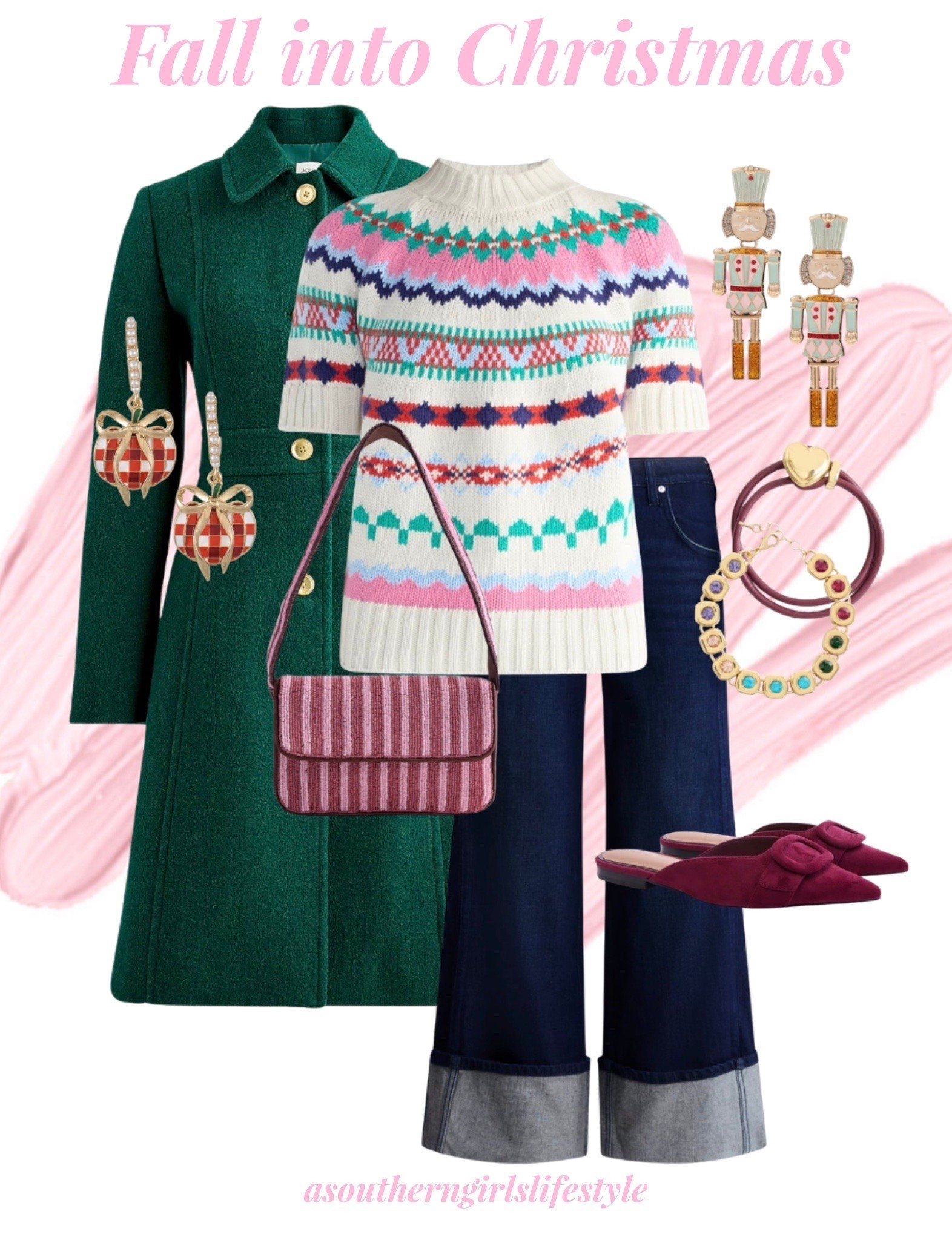 I love a short sleeve sweater! This New Yoke Sweater - very Fair Isle feels comes in this pretty Ivory & Navy! 

Wear it now with the cute cuffed jeans, burgundy mules, beaded bag & Pumpkin Earrings for Fall. 

Later with the switch of earrings for Nutcracker Earrings & layered with a Lady Coat - the most flattering coat! I own it as does my mom! The Green is such a fun statement!  

Fall Outfits Women. Sweater Season. Winter Style. Winter Outfit. Holiday Outfit. Holiday Jewelry. Preppy. Petite