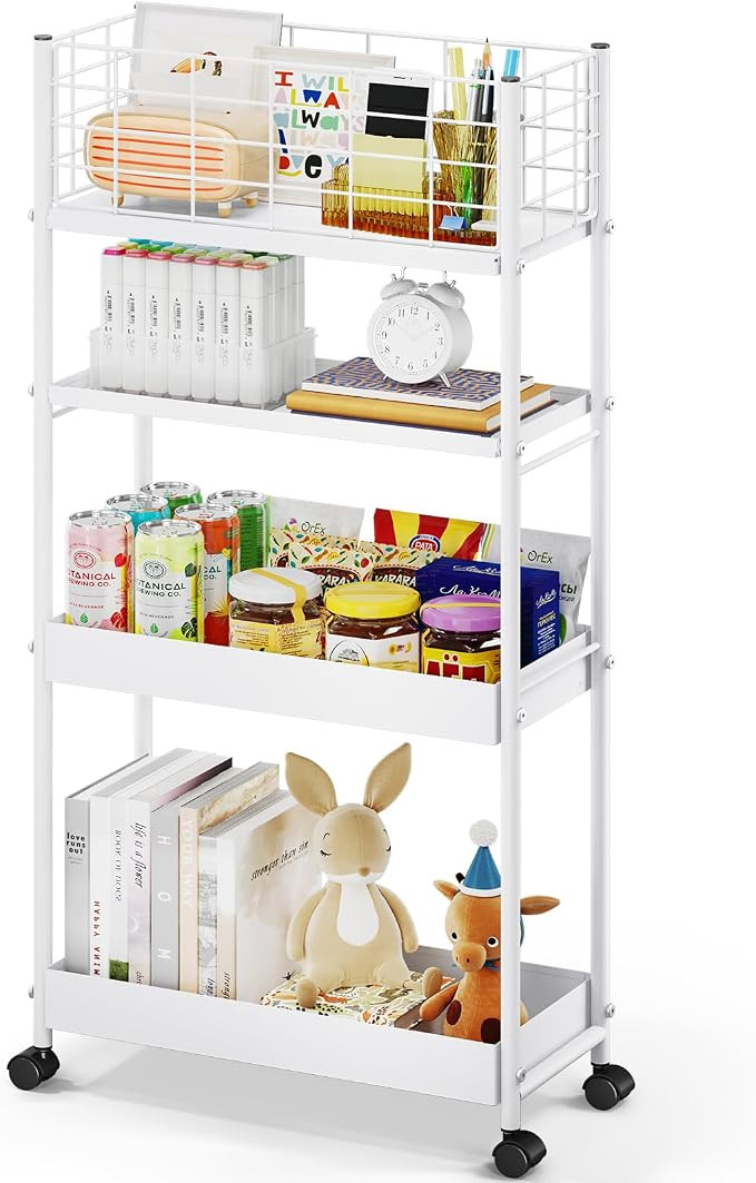 KINGRACK Slim Storage Cart, 4-Tier Metal Utility Rolling Cart with Wheels, Narrow Mobile Shelving... | Amazon (US)