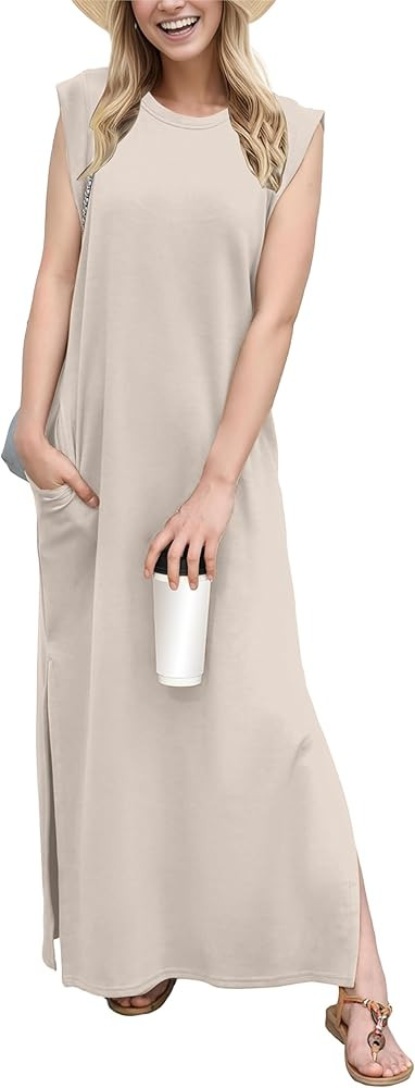 GRECERELLE 2026 Women Year-Round Casual Round Neck Loose Split Wrinkle-Free Long Maxi Vacation Dr... | Amazon (US)
