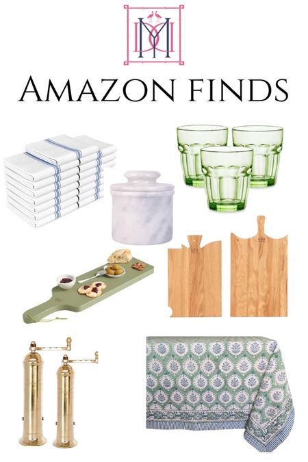 Amazon kitchen fave. Blue and white kitchen towels, marble butter crock, green drinking glasses, green and blue block print tablecloth. Brass pepper and salt grinder, sage charcuterie board 