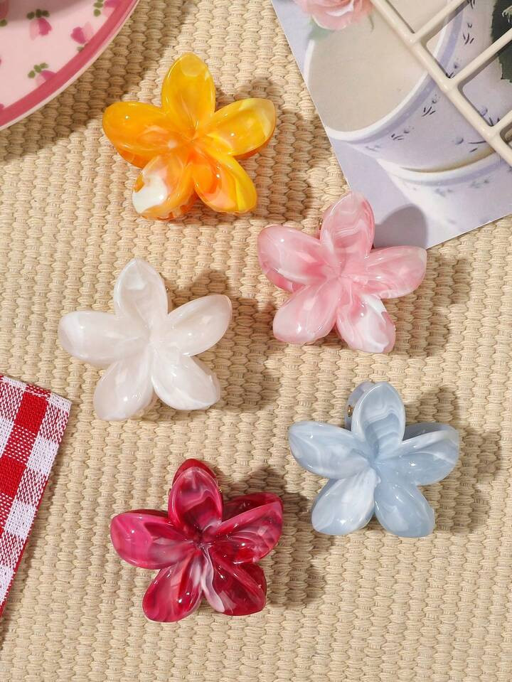 Set Of 5 Mini Boho Terracotta Marble Print Jelly Flower Hair Clips, Beach Holiday Vibe Side Bangs Barrette, Suitable For Spring/Summer Claw Clips,Hair Accessories | SHEIN