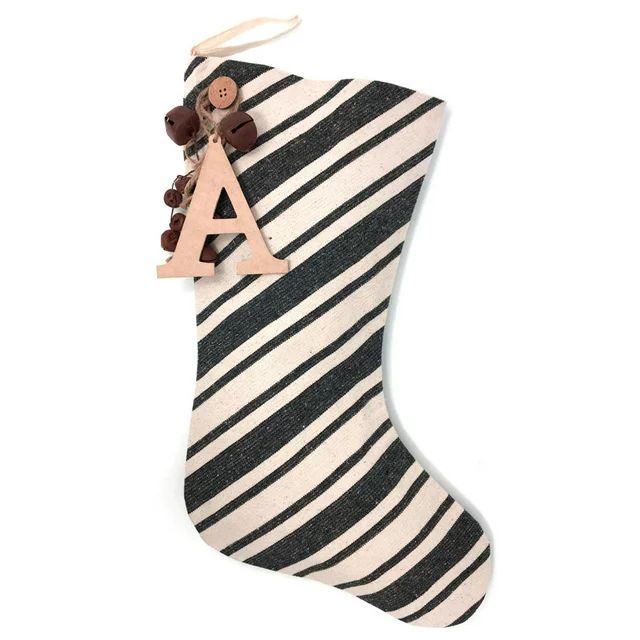Dark Gray Stripe Christmas Stocking with Letter Charm and Rusty Bells Ornament by Marilee Home | Walmart (US)
