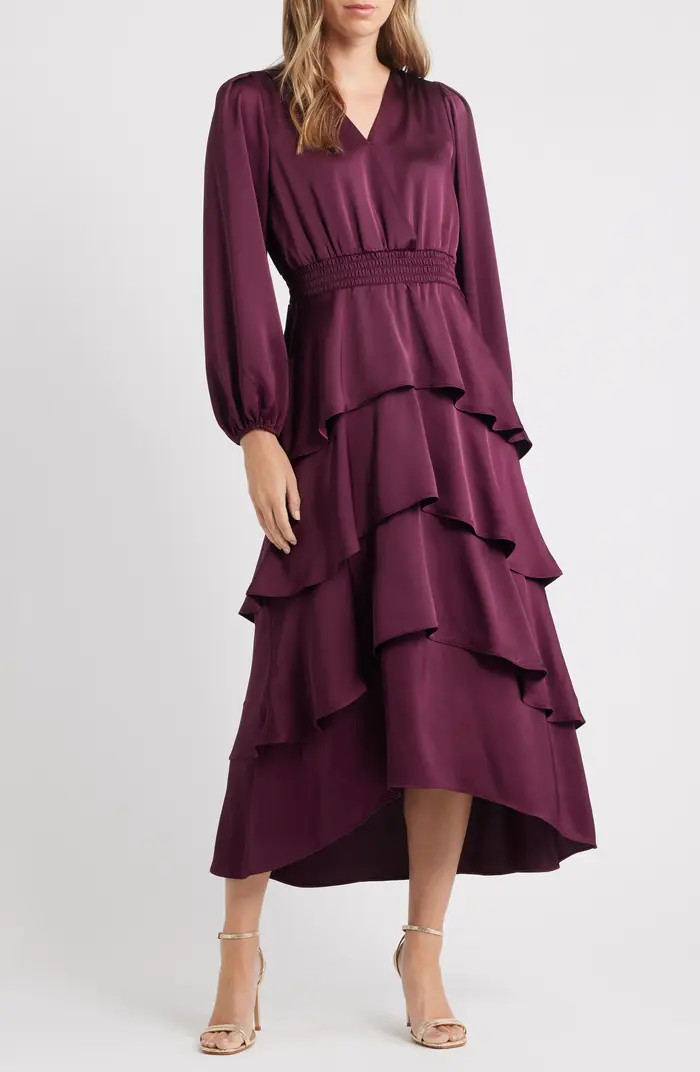 Anne Klein Long Sleeve Tiered High-Low Satin Dress | Nordstrom | Nordstrom