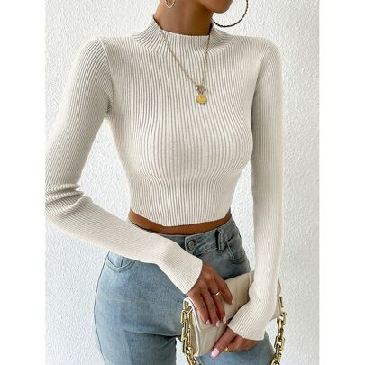 Mock Neck Rib-knit Crop Jumper | SHEIN