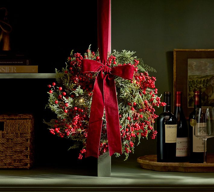 Faux Lit Cedar & Red Berry Bow Wreath | Pottery Barn (US)