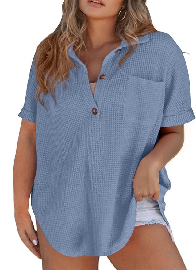 Eytino Plus Size Button Down Shirts for Women Casual Waffle Knit Tops Short Sleeve V Neck Dreesy ... | Amazon (US)