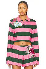 AREA Embroidered Flower Cropped Polo Top in Pink & Green from Revolve.com | Revolve Clothing (Global)