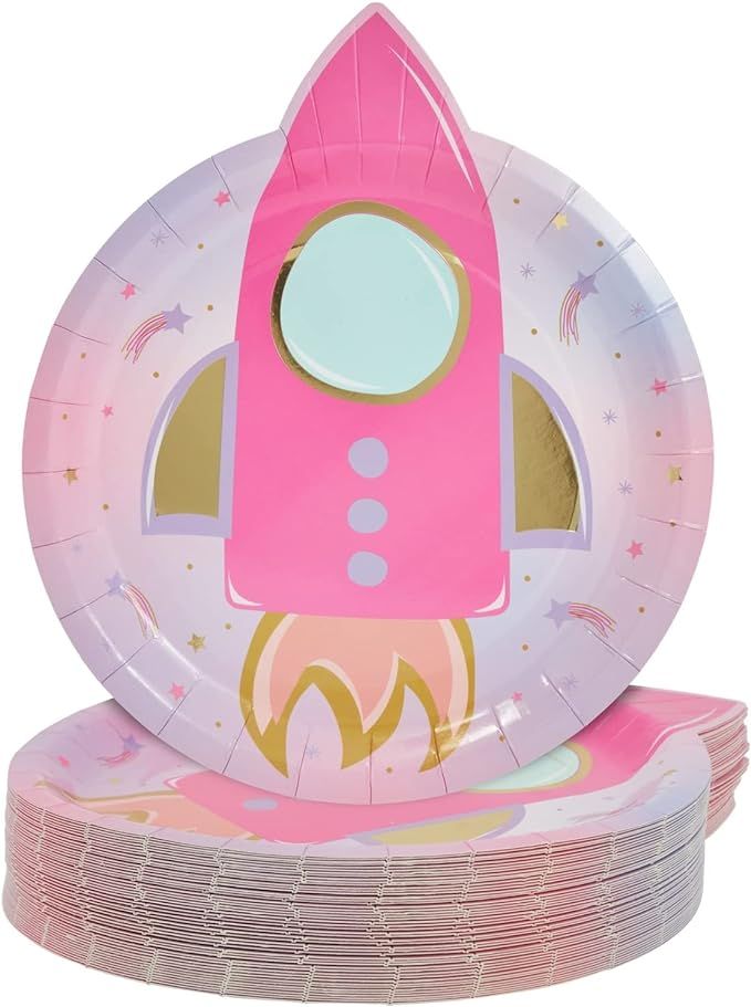 BLUE PANDA 48 Pack Pink Rocket Plates for Girls Outer Space Birthday Party Supplies (9 In) | Amazon (US)