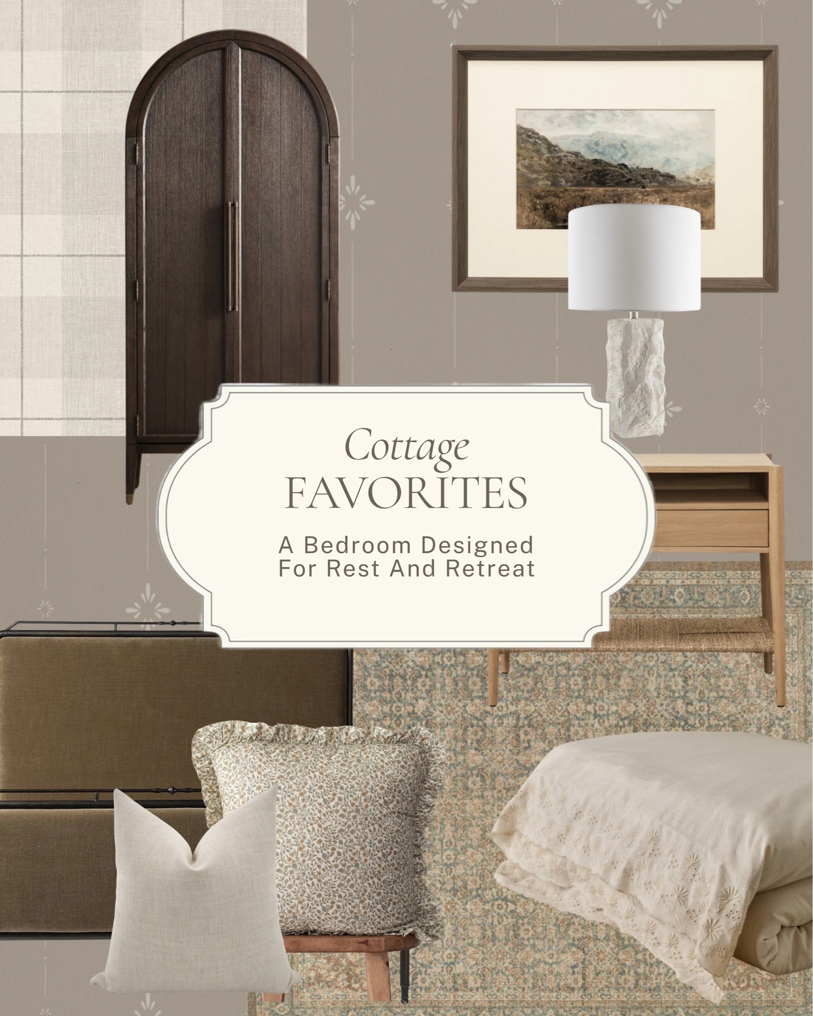 A bedroom designed to make you exhale the moment you walk in ✨ 

A dark arched armoire, a light wood nightstand, a textured stone lamp, a moody landscape print, a vintage-inspired rug, a floral ruffle pillow, and soft layered bedding that makes the whole room feel like a proper retreat. 

All linked here 🤍 

#LTKhome