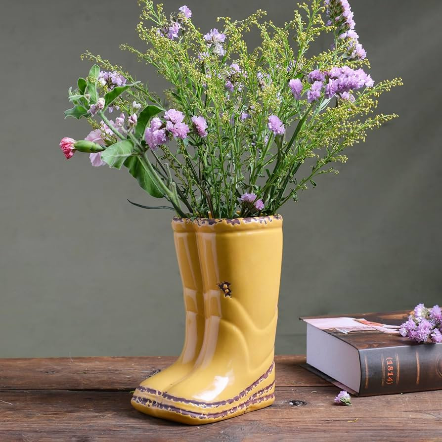 Quoowiit Ceramic Rustic Farmhouse Boot Vase, Yellow Distressed Flower Vase for Home Decor, Decora... | Amazon (US)