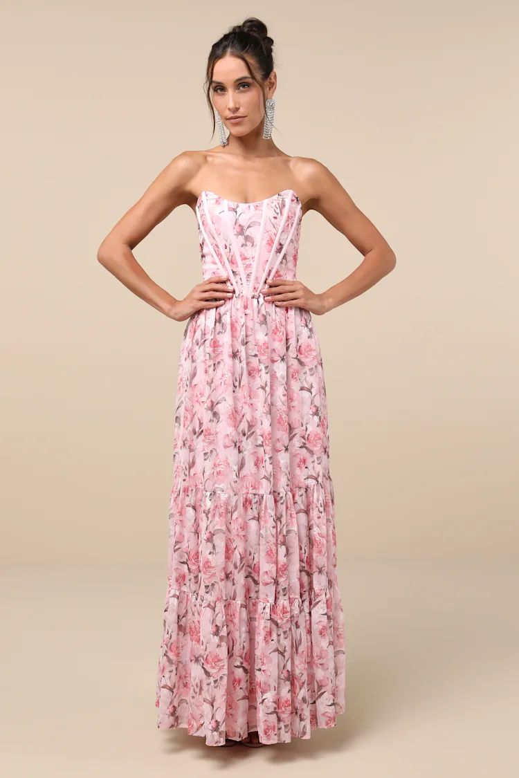 Special Moment Pink Floral Strapless Bustier Maxi Dress | Lulus