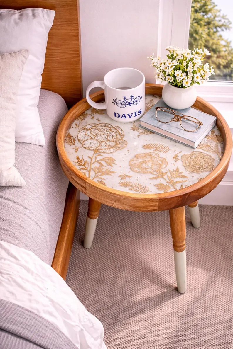 Handcrafted Mango Wood Side Table, Aqua Blue & Gold Floral Resin Design | Etsy (US)
