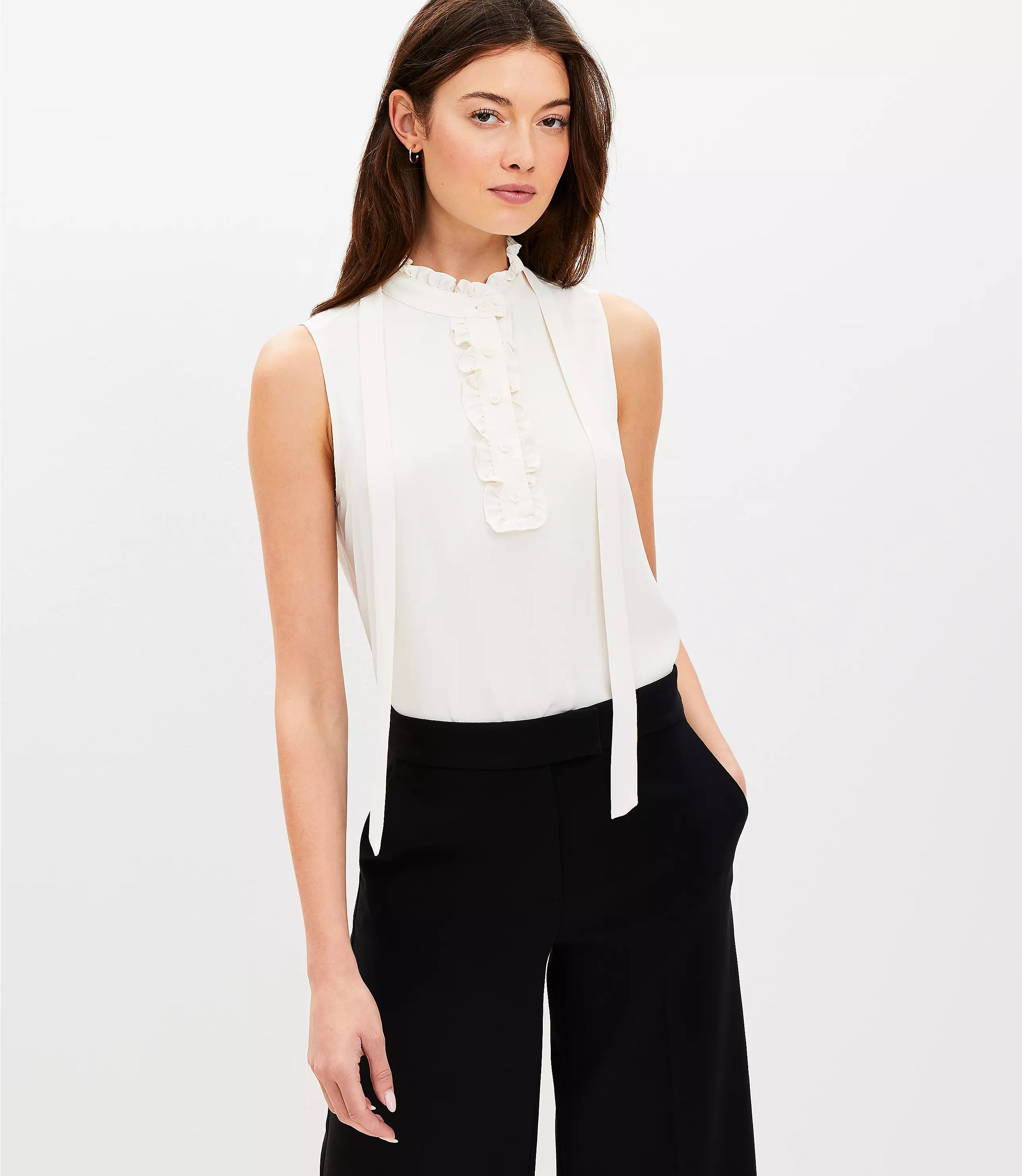 Ruffle Tie Neck Mixed Media Shell | LOFT