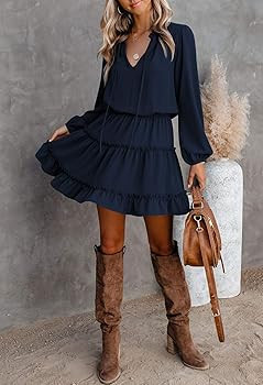 Meenew Women's Mini Swing Dress Long Sleeve Ruffle Dress V Neck Flowy Tunic Dress | Amazon (US)