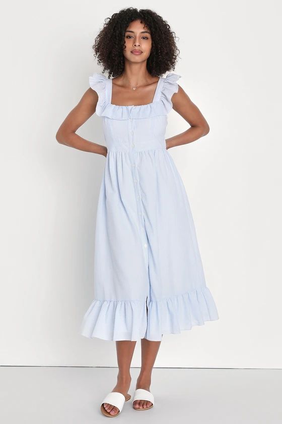 Perfect For Palermo Blue Striped Ruffled Button-Front Midi Dress | Lulus