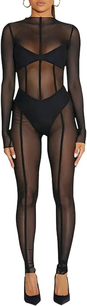 magorange Women Sexy Mesh Sheer See Through Bodycon Jumpsuits Long Sleeve One Piece Romper Club O... | Amazon (US)