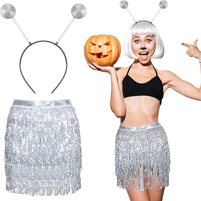 SATINIOR 2 Pieces Alien Headband Martian Antenna Ball Head Bopper and Sequin Wrap Skirt for Hallo... | Amazon (US)