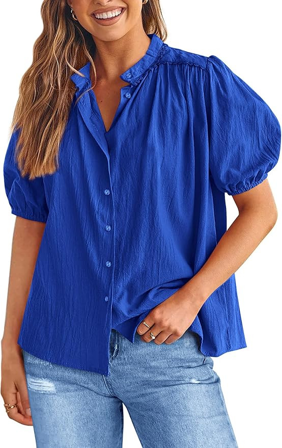PRETTYGARDEN Women's Summer Button Down Shirts Short Lantern Sleeve V Neck Cotton Cute Dressy Cas... | Amazon (US)