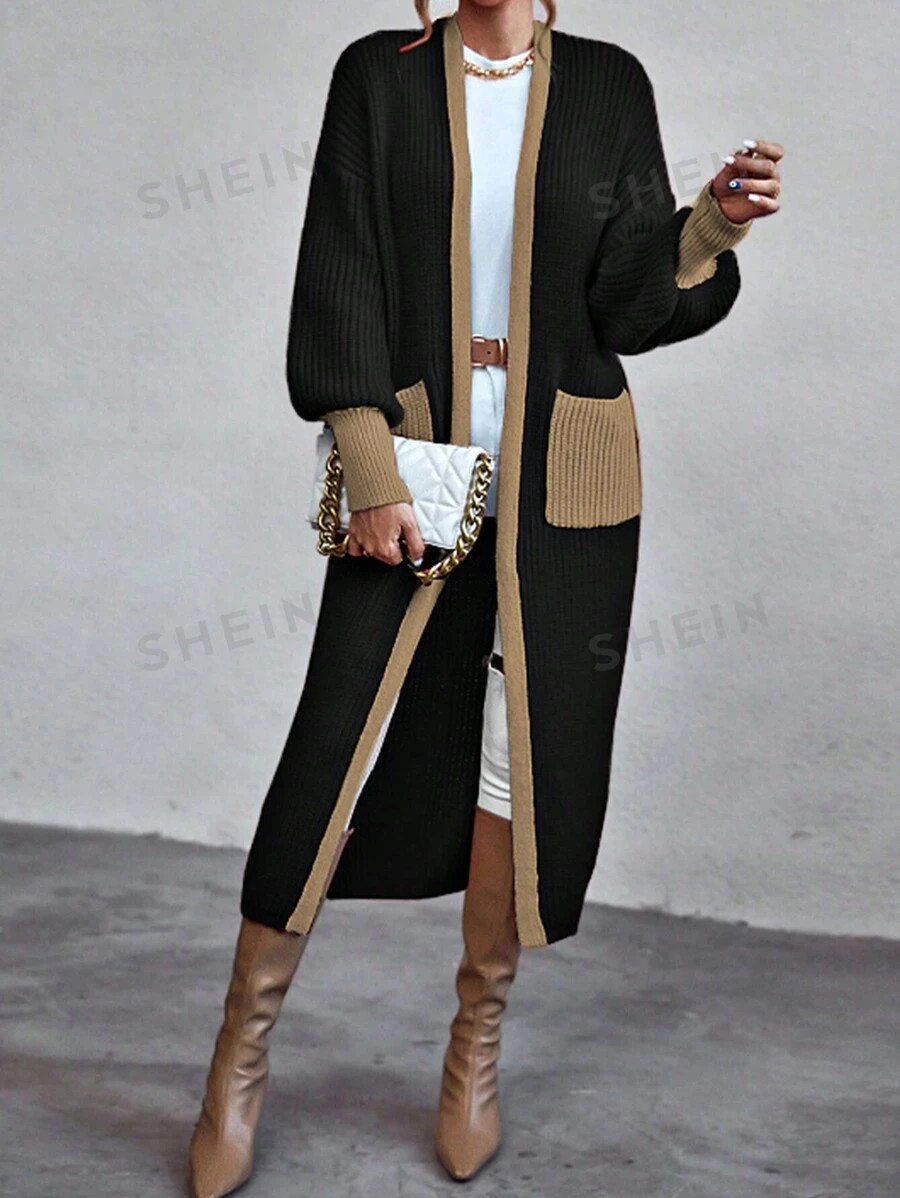 SHEIN Relaxiva Contrast Trim Dual Pocket Drop Shoulder Cardigan | SHEIN