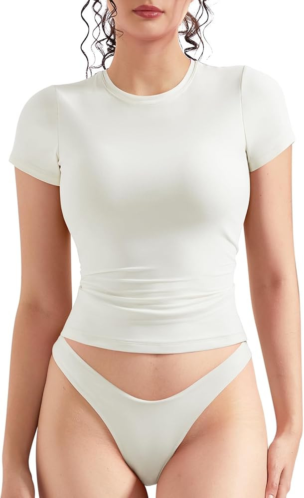 OMKAGI Double Lined Slim Fit T Shirts for Women Short Sleeve Crew Neck Crop Top | Amazon (US)